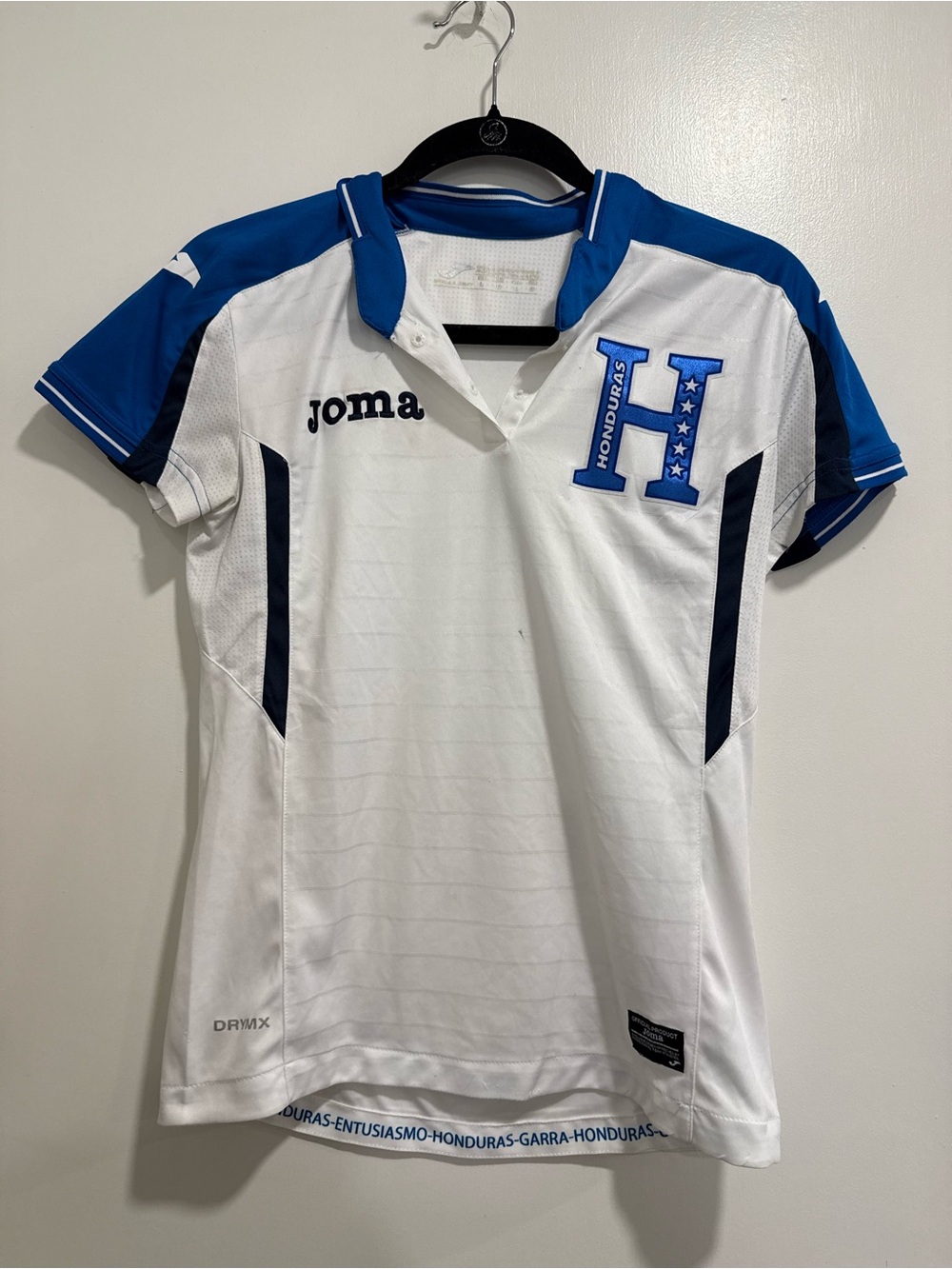 Unisex Kids LARGE White Polo Shirt Jersey Honduras with Blue Trim
